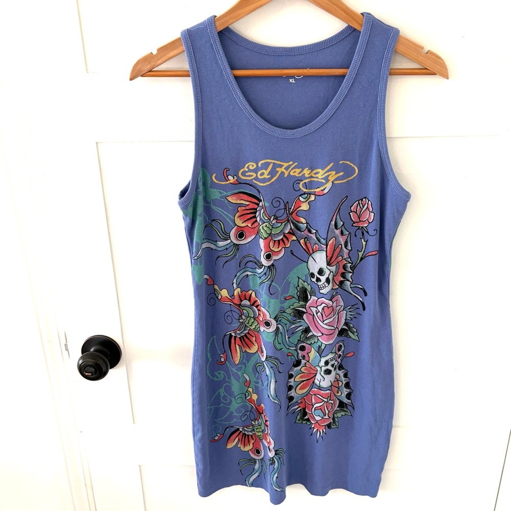 Ed Hardy Butterflies Rib Tank Dress in Pale Blue. Size XL. - Picture 5 of 12